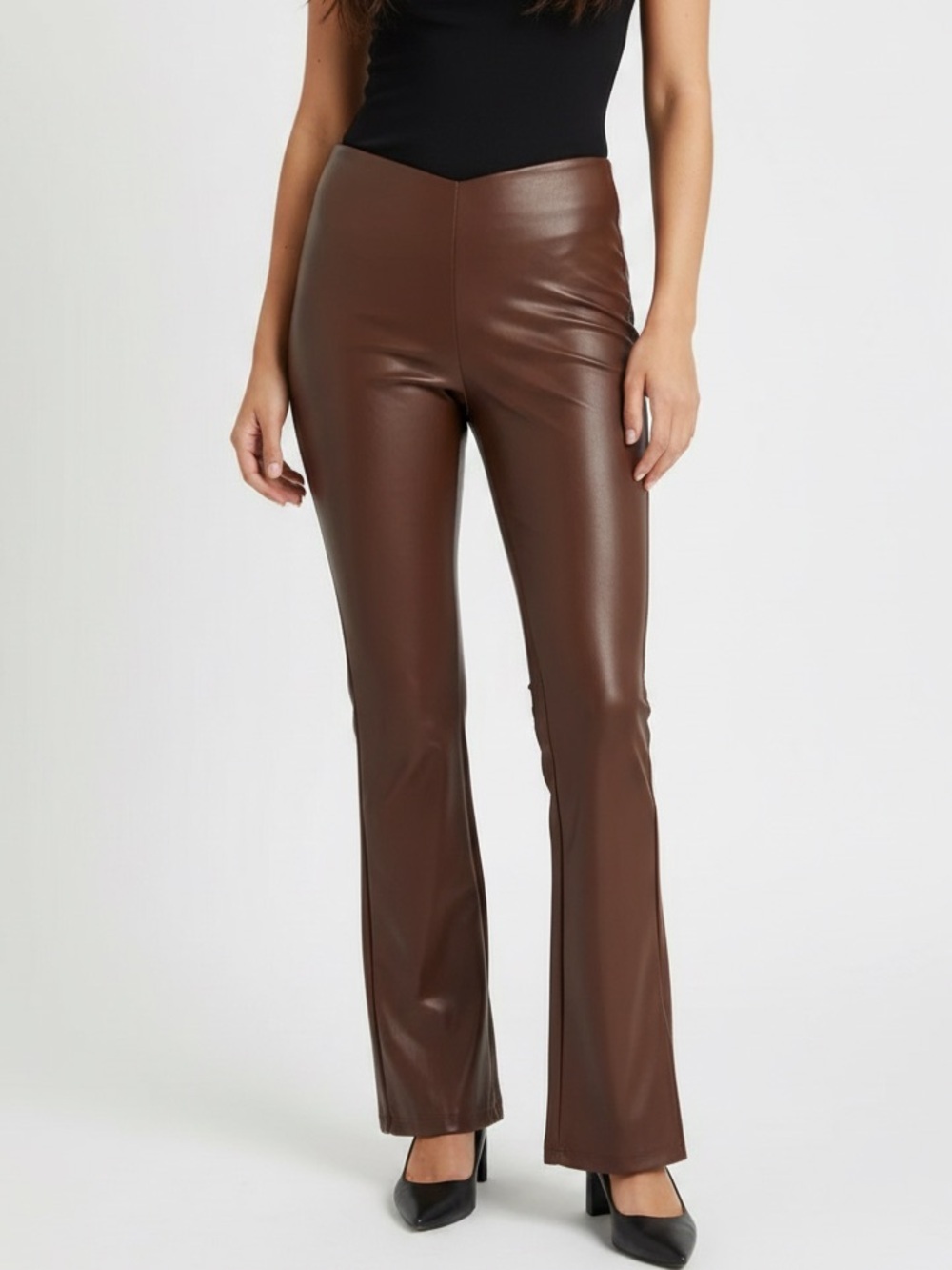 H&M Divided Faux Leather Flare Pants S Dark Brown V-Waist Split Hem